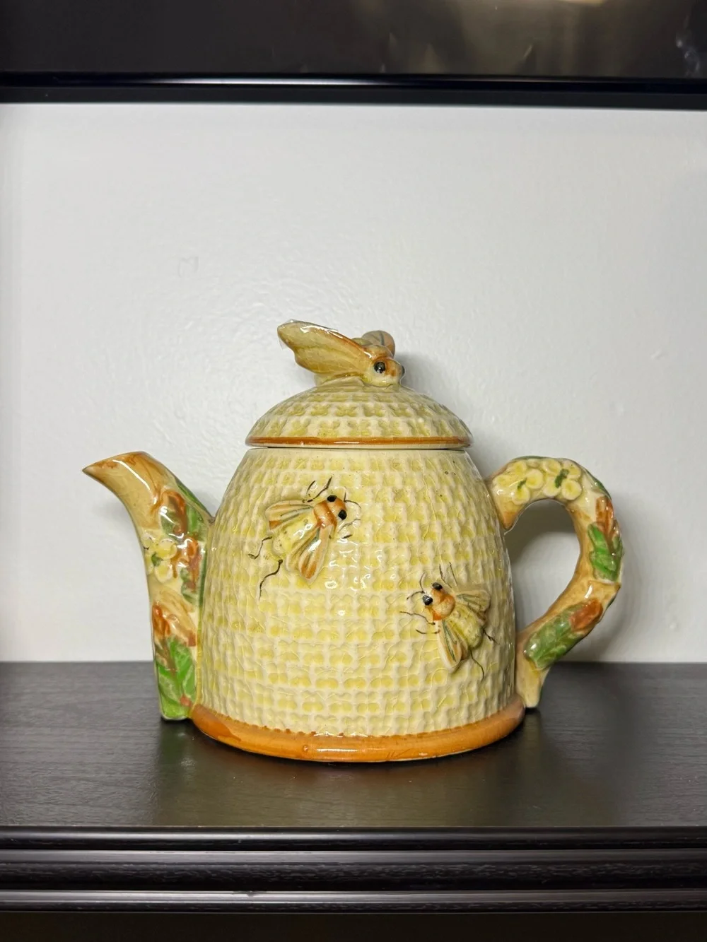New Vintage 1990s Ceramic Teapot With Bees & Flowers All Over